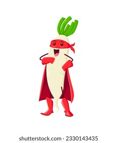 Cartoon cheerful daikon radish vegetable superhero character. Farm veggie strong warrior or defender isolated vector comical mascot. Radish superhero funny personage standing in hero red costume