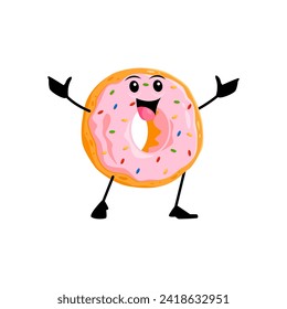 Cartoon cheerful donut funny takeaway fast food character with a smiling face, colorful icing, and sprinkles, radiating a sweet and inviting personality. Isolated vector fresh baked pastry personage