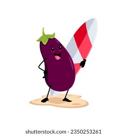 Cartoon cheerful eggplant vegetable character on summer beach vacation. Vector veggies personage standing with surfboard, ready for surfing. Healthy lifestyle, natural nutrition, energy and vitamins
