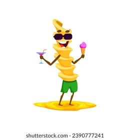 Cartoon cheerful eliche pasta character in sunglasses, sipping a cocktail and relishing an ice cream on a sunny summer beach, radiating pure vacation bliss. Isolated vector macaroni personage at party