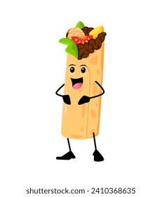 Cartoon cheerful enchiladas funny takeaway fast food character with smiling face, filled with savory ingredients, embodying essence of Mexican cuisine. Isolated vector stuffed tex mex roll personage