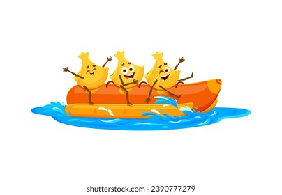 Cartoon cheerful fagottini pasta characters riding inflatable banana boat relaxing on summer beach vacation. Isolated vector macaroni personages engage in extreme recreational water attraction