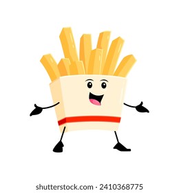 Caricatura alegre de papas fritas graciosa personaje de comida rápida para llevar. Personaje antropomórfico vectorial aislado con cara sonriente, contenedor de cartón y papas fritas doradas, encarnando la alegría de la comida rápida