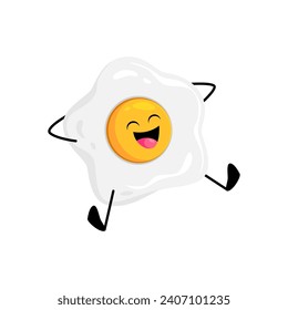 Cartoon cheerful fried egg breakfast character. Isolated vector scrambled egg, sunny-side-up personage with a beaming smile, relax and spreading morning joy with a side of whimsical breakfast delight