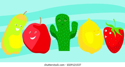 Cartoon cheerful fruits and sad cactus. No one wants to speak and to communicate with spiny plant. Vector illustration