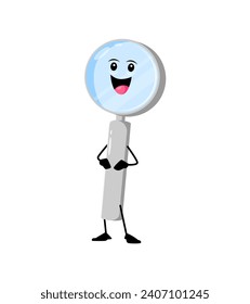 Cartoon cheerful funny magnifying glass school stationery character. Isolated vector loupe with big eyes and a smile, standing tall with its handle, ready to explore and uncover hidden mysteries