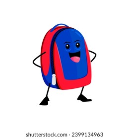 Cartoon cheerful funny school bag stationery character. Isolated vector friendly, vibrant backpack with zippers and straps, eager for learning adventures. Funny student knapsack happily smiles