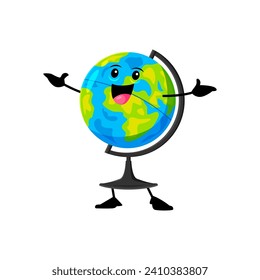 Cartoon cheerful funny school globe character. Isolated vector jovial stationery personage, sports a wide grin, standing with outstretched arms, radiating cheerfulness in its educational adventures