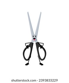 Cartoon cheerful funny scissors school stationery character with sharp blades and a mischievous grin, ready to snip and cut through anything in its path. Isolated vector mischievous shears personage