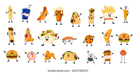 Caricatura alegre divertido para llevar personajes de comida rápida. Vector tornado papa, cola, hotdog y cerveza. Quesadilla, burrito, papas fritas y helado. Pizza, ensalada, nigiri, galleta con hamburguesa, cruasán