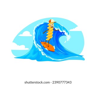 Cartoon cheerful Fusilli pasta character rides the waves on a surfboard on summer beach vacation . Vector joyful spiral-shaped noodle surfer sports personage with a smiling face, enjoying extreme fun