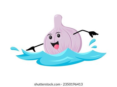 Cartoon cheerful garlic vegetable character swimming in sea on summer beach vacation. Isolated vector humorous veg personage having outdoor entertainment and rest at basking in ocean breeze and swim