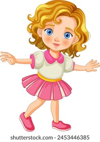 Cartoon of a cheerful girl in a pink skirt dancing