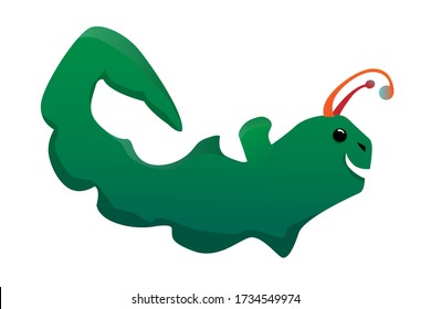 Cartoon cheerful green caterpillar with funny horns smiling. Color illustration isolated on a white background.