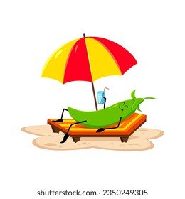 Cartoon cheerful green pea pod character on summer beach vacation. Isolated vector Chilled-out personage with cocktail in hand, lounging on a daybed, soaking up the sun and blissful vibes on holidays