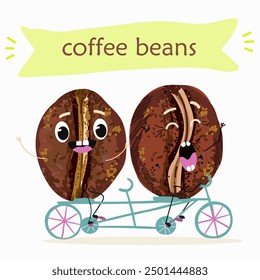 Cartoon cheerful happy coffee bean characters with coffee cup, vector mascot icons. Funny cute coffee beans with with various activities, hand drawn vector illustration. 