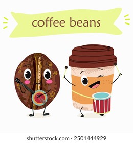 Cartoon cheerful happy coffee bean characters with coffee cup, vector mascot icons. Funny cute coffee beans with with various activities, hand drawn vector illustration. 