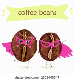 Cartoon cheerful happy coffee bean characters with coffee cup, vector mascot icons. Funny cute coffee beans with with various activities, hand drawn vector illustration. 