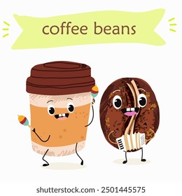 Cartoon cheerful happy coffee bean characters with coffee cup, vector mascot icons. Funny cute coffee beans with with various activities, hand drawn vector illustration. 