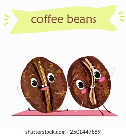 Cartoon cheerful happy coffee bean characters with coffee cup, vector mascot icons. Funny cute coffee beans with with various activities, hand drawn vector illustration. 