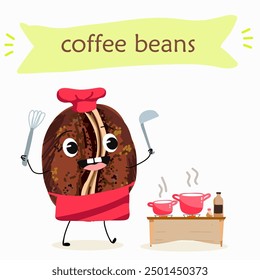 Cartoon cheerful happy coffee bean characters with coffee cup, vector mascot icons. Funny cute coffee beans with with various activities, hand drawn vector illustration. 