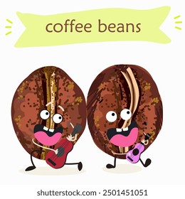 Cartoon cheerful happy coffee bean characters with coffee cup, vector mascot icons. Funny cute coffee beans with with various activities, hand drawn vector illustration. 
