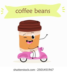 Cartoon cheerful happy coffee bean characters with coffee cup, vector mascot icons. Funny cute coffee beans with with various activities, hand drawn vector illustration. 