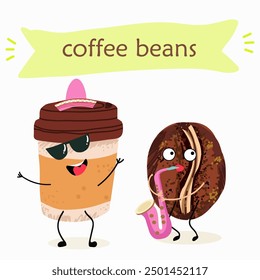 Cartoon cheerful happy coffee bean characters with coffee cup, vector mascot icons. Funny cute coffee beans with with various activities, hand drawn vector illustration. 