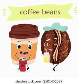 Cartoon cheerful happy coffee bean characters with coffee cup, vector mascot icons. Funny cute coffee beans with with various activities, hand drawn vector illustration. 