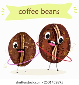Cartoon cheerful happy coffee bean characters with coffee cup, vector mascot icons. Funny cute coffee beans with with various activities, hand drawn vector illustration. 