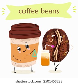 Cartoon cheerful happy coffee bean characters with coffee cup, vector mascot icons. Funny cute coffee beans with with various activities, hand drawn vector illustration. 