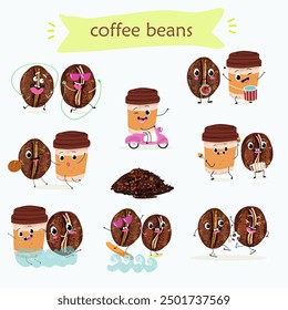 Cartoon cheerful happy coffee bean characters set, collection with coffee cup, vector mascot icons. Funny cute coffee beans with with various activities, hand drawn vector illustration. 