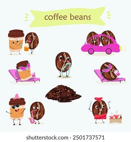 Cartoon cheerful happy coffee bean characters set, collection with coffee cup, vector mascot icons. Funny cute coffee beans with with various activities, hand drawn vector illustration. 