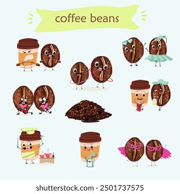 Cartoon cheerful happy coffee bean characters set, collection with coffee cup, vector mascot icons. Funny cute coffee beans with with various activities, hand drawn vector illustration. 