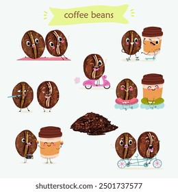 Cartoon cheerful happy coffee bean characters set, collection with coffee cup, vector mascot icons. Funny cute coffee beans with with various activities, hand drawn vector illustration. 