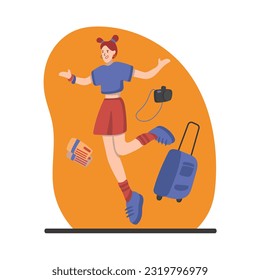 Cartoon cheerful happy girl going on trip and jumping. Active recreation during trip. Time for traveling abroad and visiting sightseeings. Travel agency tour customers. Vector