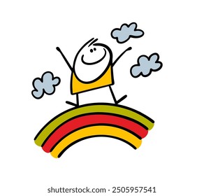 Cartoon cheerful, happy stickman is dancing on  rainbow. Vector illustration of boy among the clouds enjoying life, radiating positivity, attracts attention. Doodle person isolated on white.