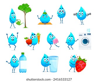 Cartoon fröhliche und fröhliche Wassertropfen Charaktere. Frische Tröpfchen, sauberer Wassertropfen oder blauer Tropfen lustige Vektormaskotte. Reines Aqua fröhliche Persönlichkeitsbewässerung Baum, Yoga machen und Veggies tragen