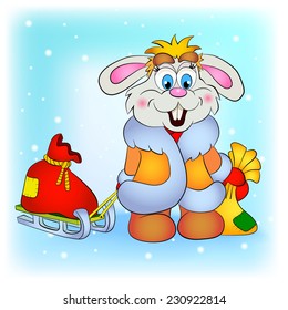 Cartoon cheerful hare lucky bags with gifts on sledge. 