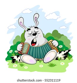 Cartoon cheerful hare sings and plays harmonica in forest.