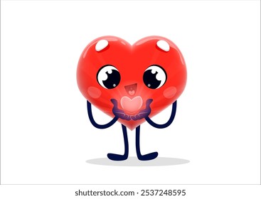 Caricatura de corazón alegre con amor en las manos. Personaje en forma de corazón rojo de Vector lindo aislado que brilla con alegría en el día de San Valentín, expresando pasión, energía afectuosa y saludo romántico