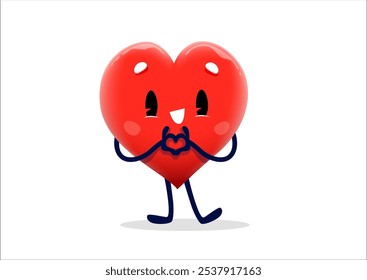 Personaje de corazón alegre de dibujos animados que muestra el gesto de amor, emoji de Vector emoticon. Carácter rojo lindo del corazón que envía Te amo Gesto de signo de la mano para el día de San Valentín, cita romántica o amor de la Boda