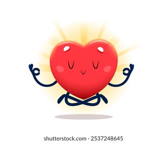 Cartoon cheerful heart character sitting in yoga pose. Isolated vector Valentines day love personage meditates, sitting in lotus yoga asana with calm and tranquil face expression, training for health