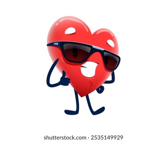 Cartoon cheerful heart character in sunglasses for love emoji of Valentine day, vector emoticon. Cool heart with wide smile and thumb up in sun glasses, cartoon character with cheerful emotion