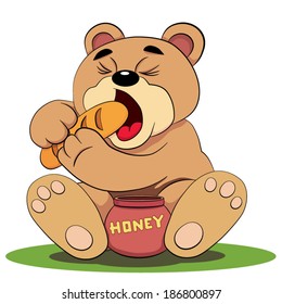Cartoon cheerful hungry bear sitting near a pot of honey and eat a loaf of bread.