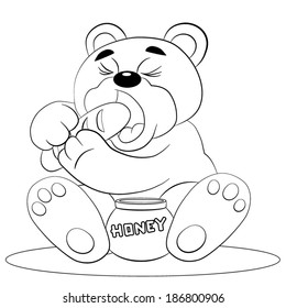 Cartoon cheerful hungry bear sitting near a pot of honey and eat a loaf of bread. Coloring book.