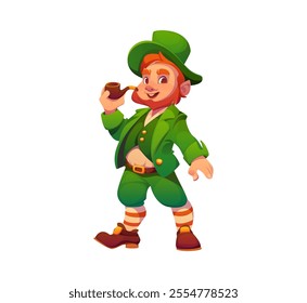 Cartoon cheerful Irish leprechaun man character in traditional green suit, holding a smoking pipe, embodies Irish folklore and St Patrick Day traditions. Isolated vector fantasy elf folklore personage