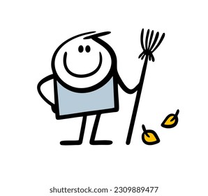 Cartoon cheerful janitor holds a broom and looks at the leaves that have fallen in autumn. Vector illustration of a seasonal worker. Isolated image on white background.