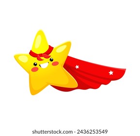 Cartoon fröhliche Kawaii-Star Superhelden Charakter fliegen mit Super-Held Red Cape. Nette funkelnde Sterne Vektor-Persönlichkeit, leuchtend gelb Superstar Emoticon oder Raum-Superheld Emoji Tragen Zauberkostüm