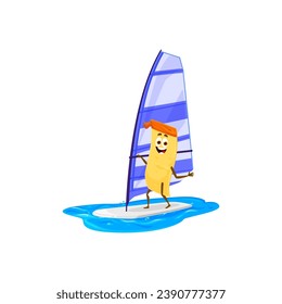 Cartoon cheerful lasagna pasta character enjoying windsurfing sports recreation during summer beach vacation. Isolated vector italian food personage riding water waves, fun holidays at ocean resort